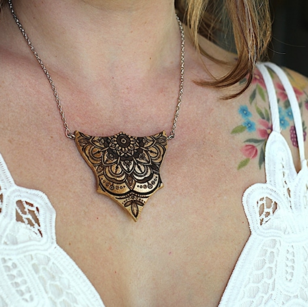 Mandala Necklace, Wooden Pendant